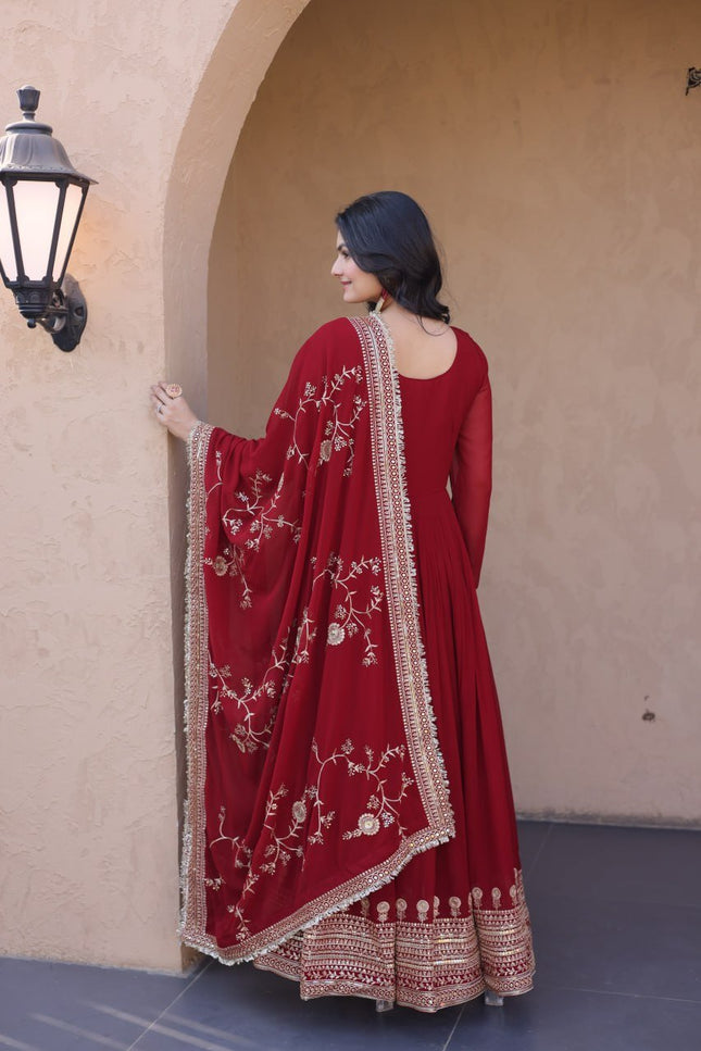 Maroon Faux Blooming Zari Sequins Embroidery Gown with Dupatta | Fully Stitched - Rosepetals Luxe