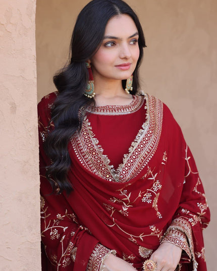 Maroon Faux Blooming Zari Sequins Embroidery Gown with Dupatta | Fully Stitched - Rosepetals Luxe
