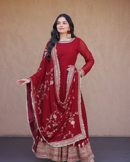Maroon Faux Blooming Zari Sequins Embroidery Gown with Dupatta | Fully Stitched - Rosepetals Luxe