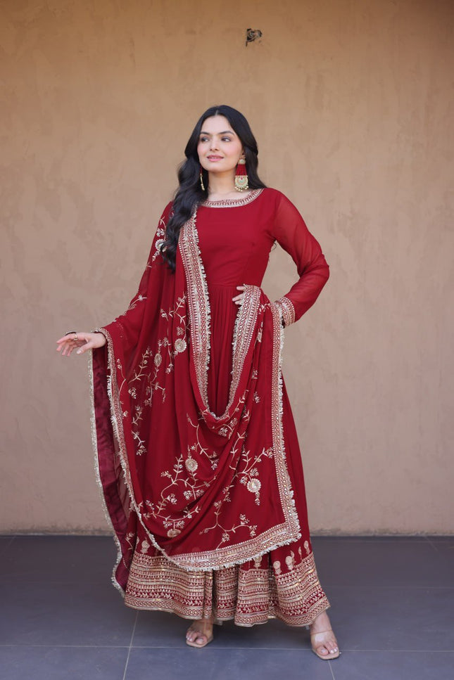 Maroon Faux Blooming Zari Sequins Embroidery Gown with Dupatta | Fully Stitched - Rosepetals Luxe