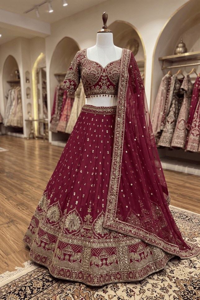 Maroon Malai Silk Lehenga Set - Rosepetals Luxe