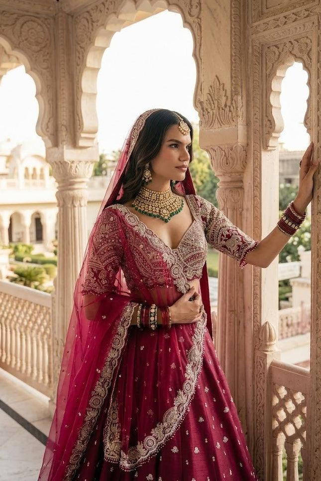 Maroon Malai Silk Lehenga Set - Rosepetals Luxe