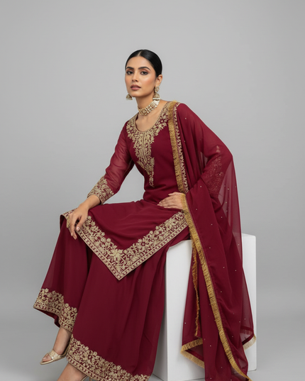 Faux Georgette Palazo Set | Elegant Festive & Ethnic Wear | Thread & Sequence Work - Rosepetals Luxe
