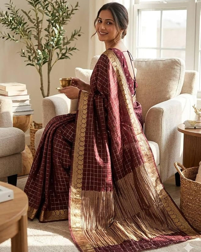 Maroon Viscose Georgette Checked Pattern Saree with Unstitched Viscose Blouse - Rosepetals Luxe