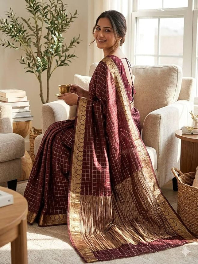 Maroon Viscose Georgette Checked Pattern Saree with Unstitched Viscose Blouse - Rosepetals Luxe