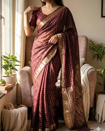 Maroon Viscose Georgette Checked Pattern Saree with Unstitched Viscose Blouse - Rosepetals Luxe