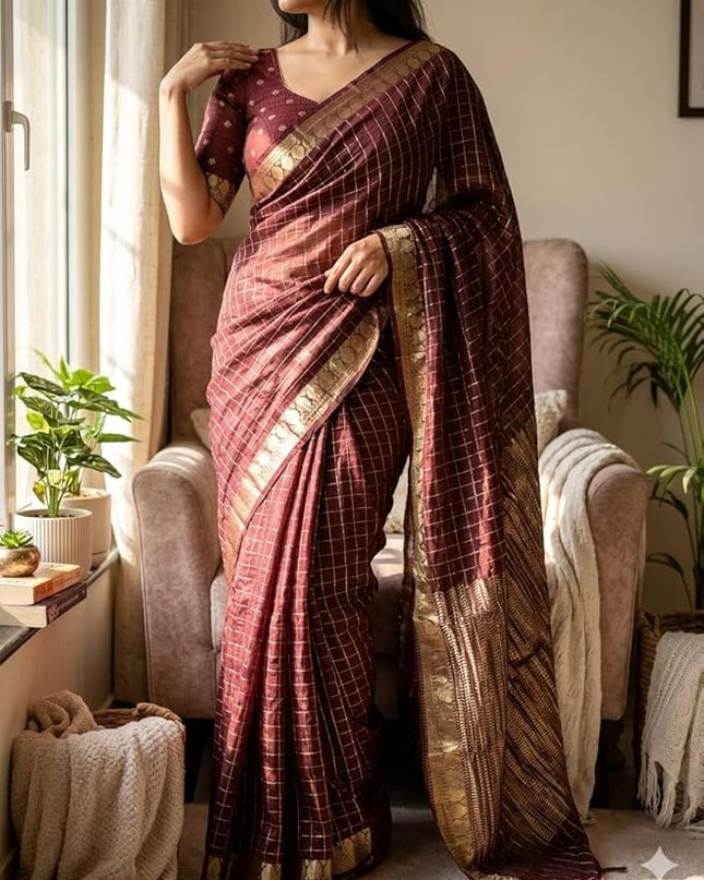 Maroon Viscose Georgette Checked Pattern Saree with Unstitched Viscose Blouse - Rosepetals Luxe