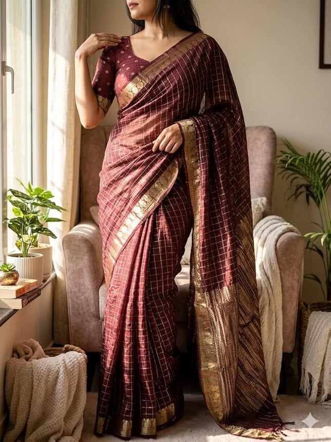 Maroon Viscose Georgette Checked Pattern Saree with Unstitched Viscose Blouse - Rosepetals Luxe