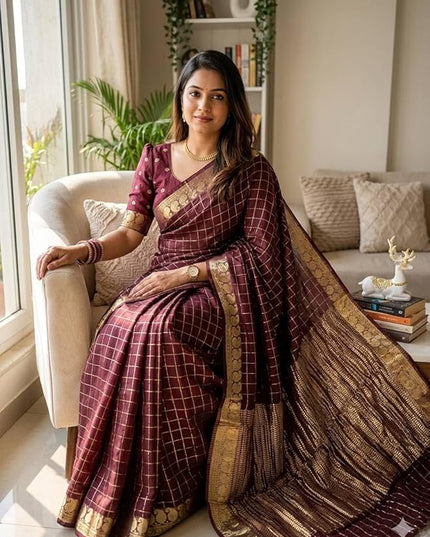Maroon Viscose Georgette Checked Pattern Saree with Unstitched Viscose Blouse - Rosepetals Luxe