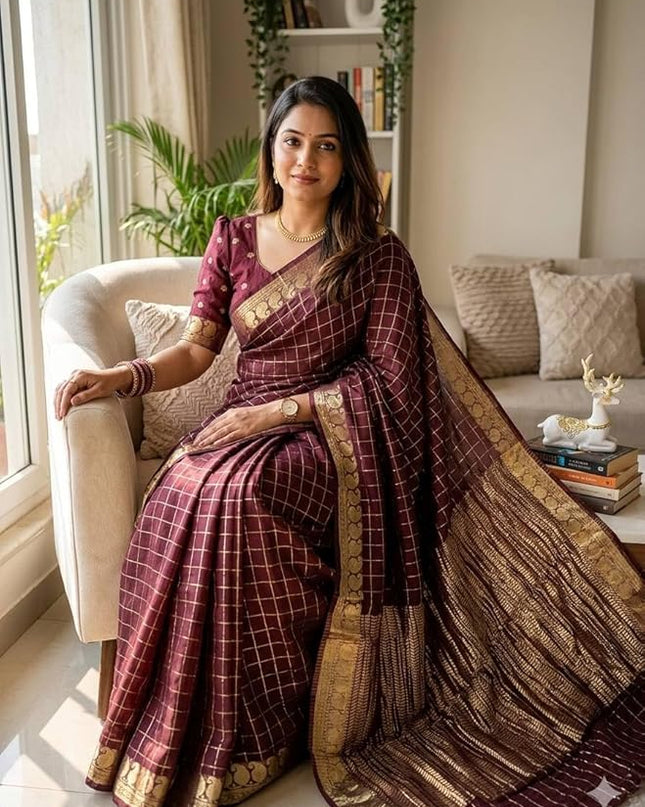 Maroon Viscose Georgette Checked Pattern Saree with Unstitched Viscose Blouse - Rosepetals Luxe