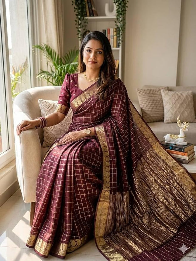 Maroon Viscose Georgette Checked Pattern Saree with Unstitched Viscose Blouse - Rosepetals Luxe