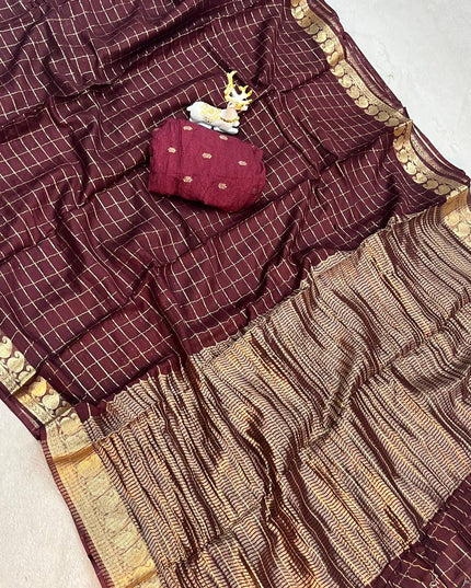 Maroon Viscose Georgette Checked Pattern Saree with Unstitched Viscose Blouse - Rosepetals Luxe