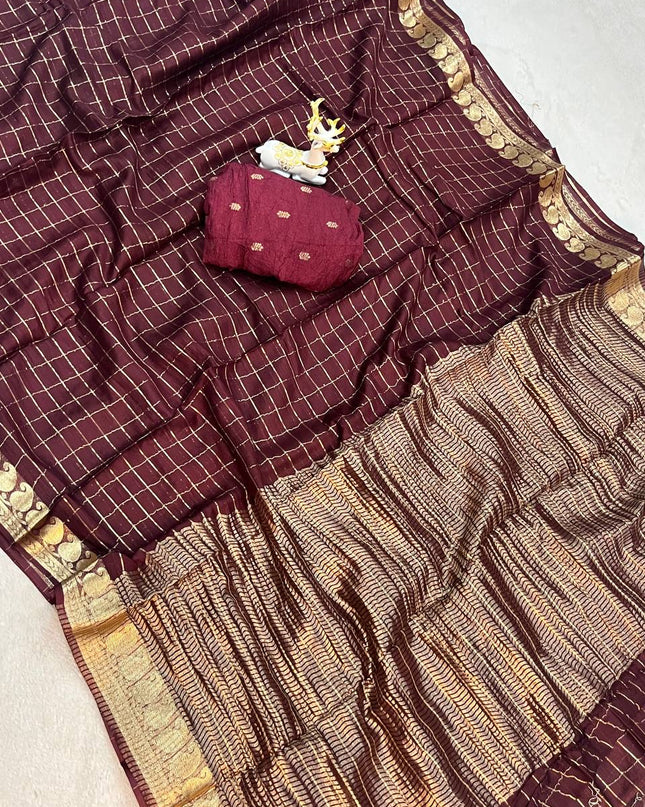 Maroon Viscose Georgette Checked Pattern Saree with Unstitched Viscose Blouse - Rosepetals Luxe