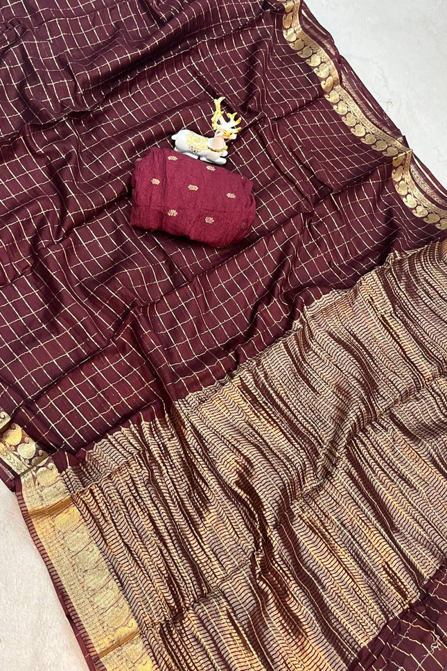 Maroon Viscose Georgette Checked Pattern Saree with Unstitched Viscose Blouse - Rosepetals Luxe