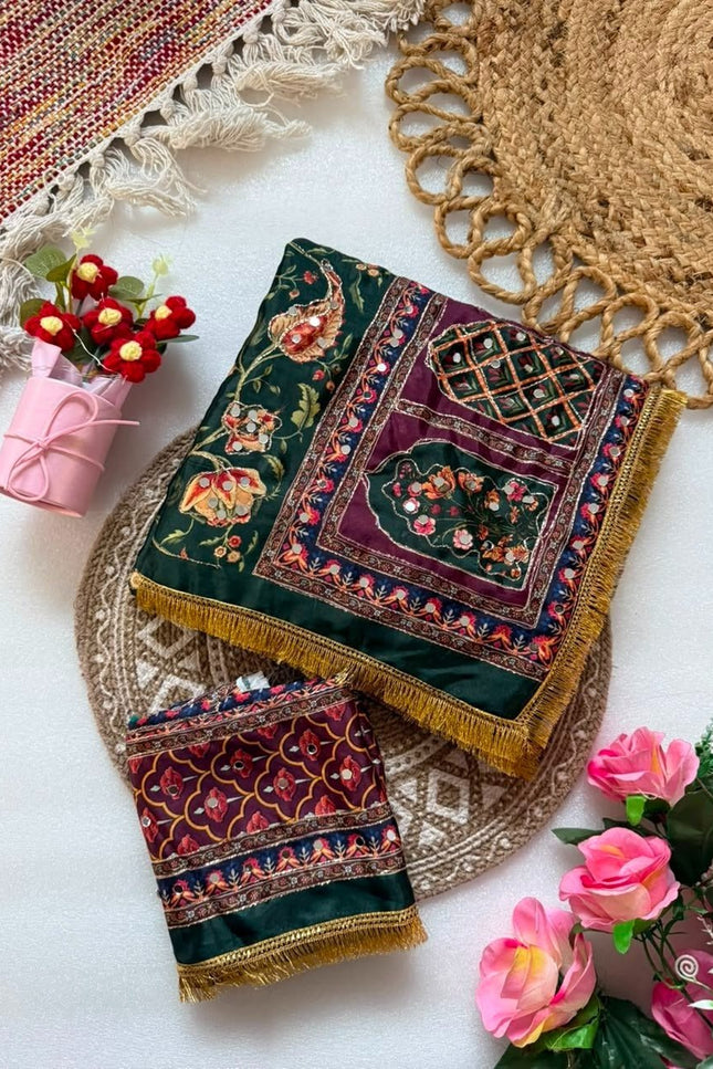 Marshmallow Chinon Silk Ajrakh Print Saree | Aari Zari & Real Mirror Work | Fancy Printed Blouse - Rosepetals Luxe