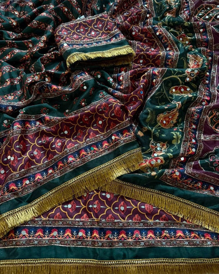 Marshmallow Chinon Silk Ajrakh Print Saree | Aari Zari & Real Mirror Work | Fancy Printed Blouse - Rosepetals Luxe