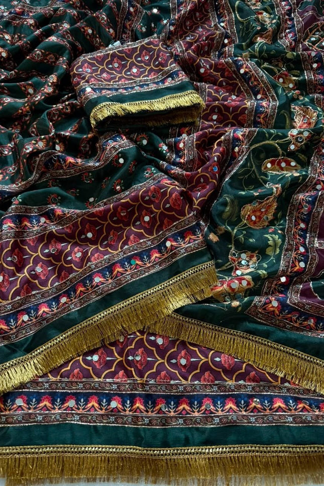 Marshmallow Chinon Silk Ajrakh Print Saree | Aari Zari & Real Mirror Work | Fancy Printed Blouse - Rosepetals Luxe