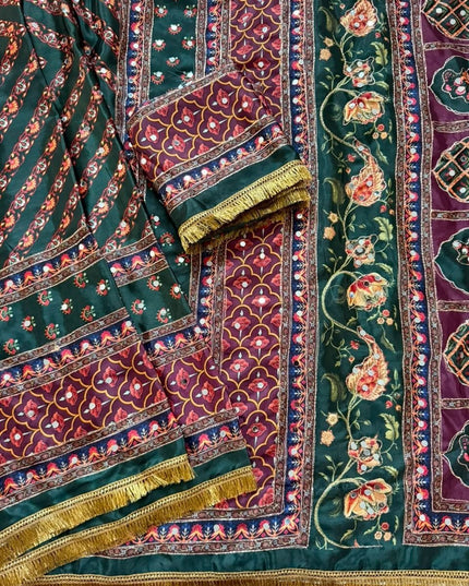 Marshmallow Chinon Silk Ajrakh Print Saree | Aari Zari & Real Mirror Work | Fancy Printed Blouse - Rosepetals Luxe