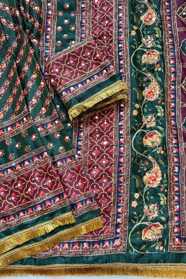Marshmallow Chinon Silk Ajrakh Print Saree | Aari Zari & Real Mirror Work | Fancy Printed Blouse - Rosepetals Luxe