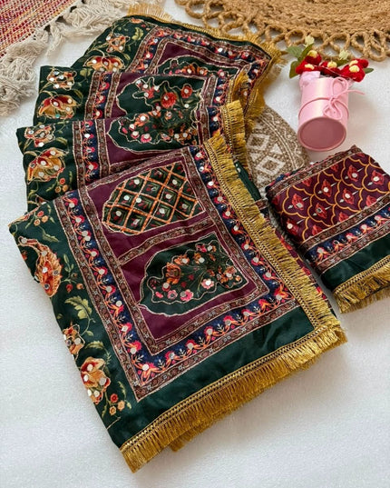 Marshmallow Chinon Silk Ajrakh Print Saree | Aari Zari & Real Mirror Work | Fancy Printed Blouse - Rosepetals Luxe