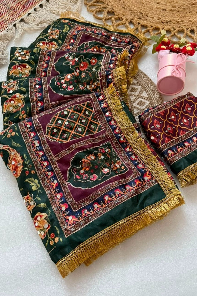 Marshmallow Chinon Silk Ajrakh Print Saree | Aari Zari & Real Mirror Work | Fancy Printed Blouse - Rosepetals Luxe