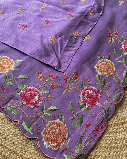Matka Silk Floral Embroidered Saree - Rosepetals Luxe