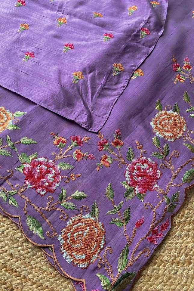 Matka Silk Floral Embroidered Saree - Rosepetals Luxe