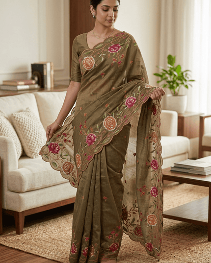 Matka Silk Floral Embroidered Saree - Rosepetals Luxe