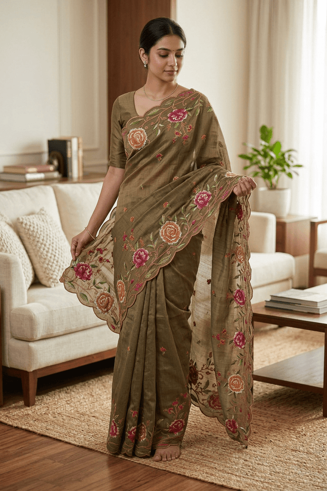Matka Silk Floral Embroidered Saree - Rosepetals Luxe