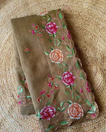 Matka Silk Floral Embroidered Saree - Rosepetals Luxe