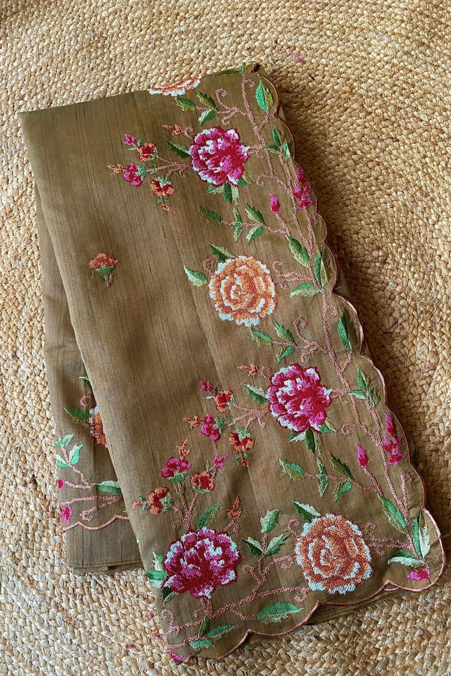 Matka Silk Floral Embroidered Saree - Rosepetals Luxe