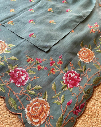 Matka Silk Floral Embroidered Saree - Rosepetals Luxe