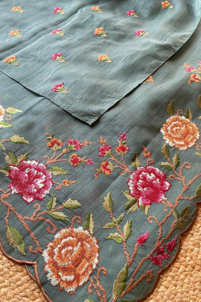 Matka Silk Floral Embroidered Saree - Rosepetals Luxe