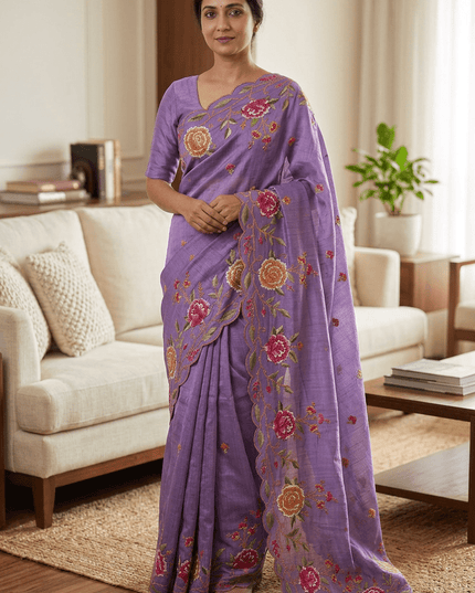 Matka Silk Floral Embroidered Saree - Rosepetals Luxe