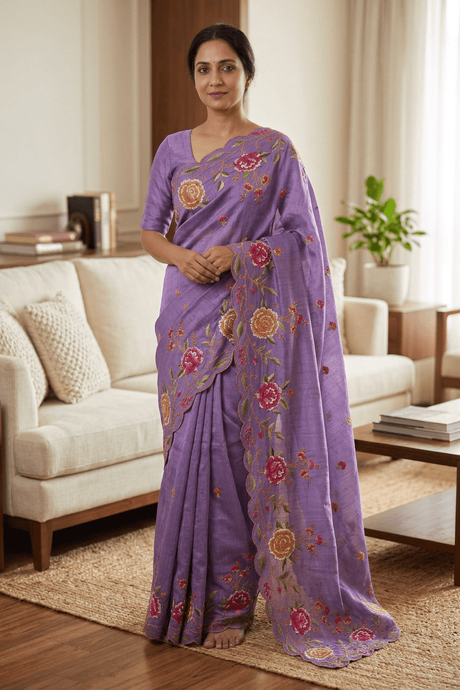 Matka Silk Floral Embroidered Saree - Rosepetals Luxe