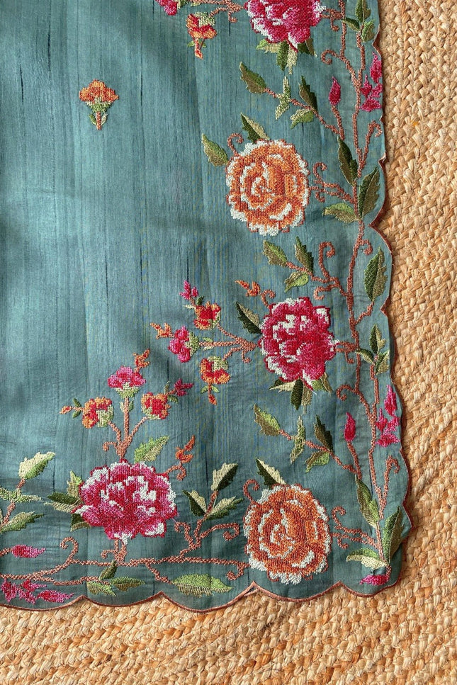Matka Silk Floral Embroidered Saree - Rosepetals Luxe
