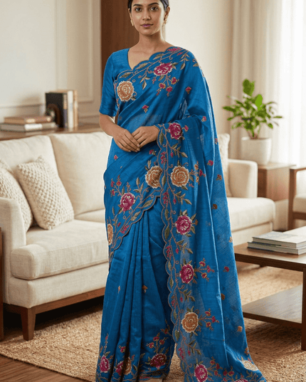 Matka Silk Floral Embroidered Saree - Rosepetals Luxe