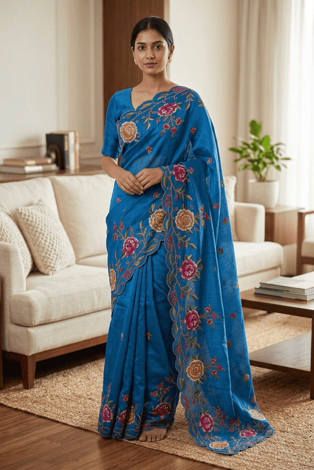 Matka Silk Floral Embroidered Saree - Rosepetals Luxe
