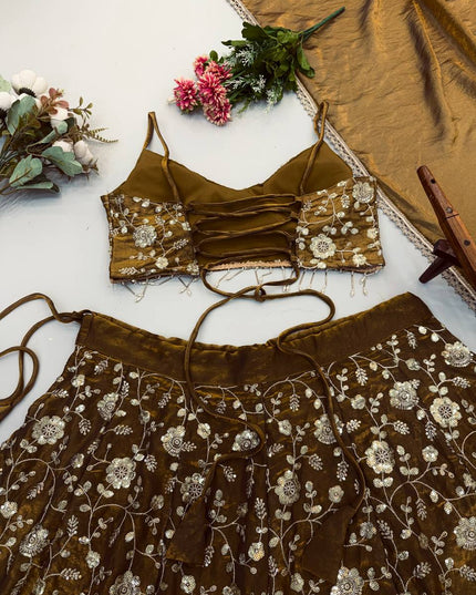 Mehendi Green Fandy Silk Lehenga Choli Set with Dupatta | Embroidery & Lace Border - Rosepetals Luxe