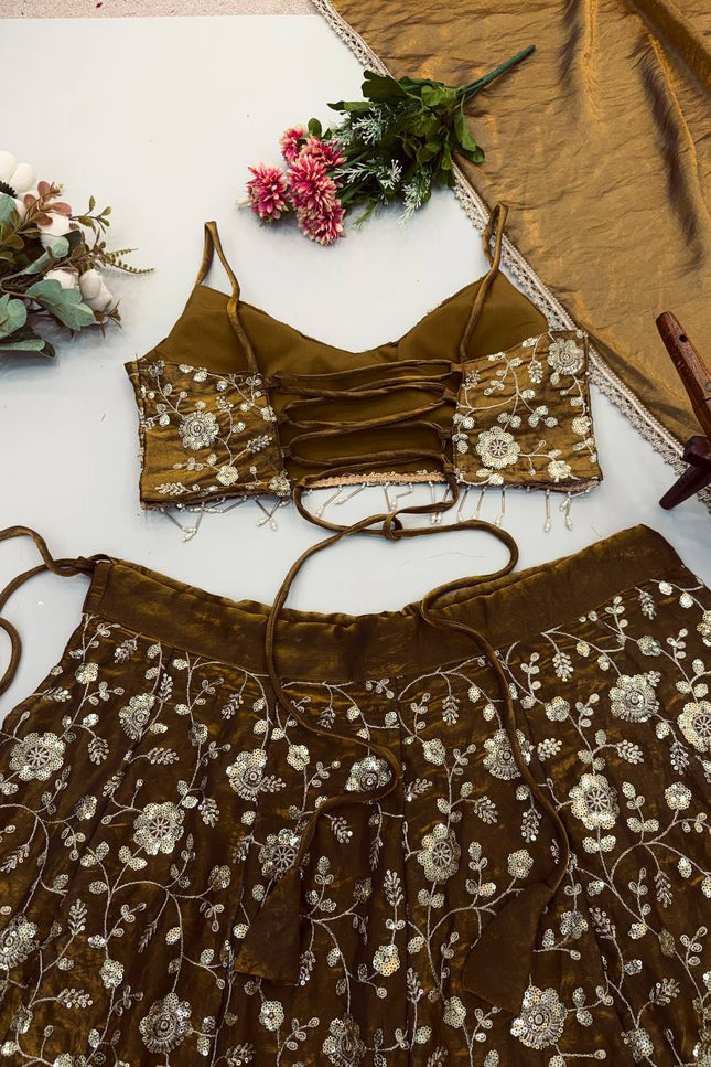 Mehendi Green Fandy Silk Lehenga Choli Set with Dupatta | Embroidery & Lace Border - Rosepetals Luxe