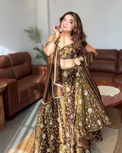 Mehendi Green Fandy Silk Lehenga Choli Set with Dupatta | Embroidery & Lace Border - Rosepetals Luxe