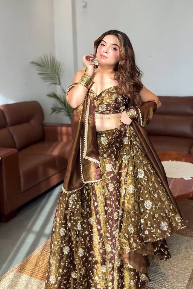 Mehendi Green Fandy Silk Lehenga Choli Set with Dupatta | Embroidery & Lace Border - Rosepetals Luxe