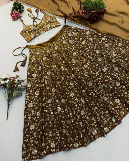 Mehendi Green Fandy Silk Lehenga Choli Set with Dupatta | Embroidery & Lace Border - Rosepetals Luxe