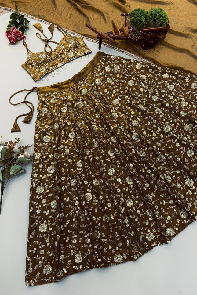 Mehendi Green Fandy Silk Lehenga Choli Set with Dupatta | Embroidery & Lace Border - Rosepetals Luxe