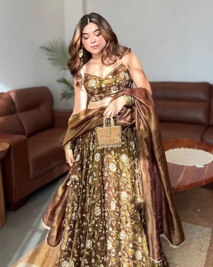 Mehendi Green Fandy Silk Lehenga Choli Set with Dupatta | Embroidery & Lace Border - Rosepetals Luxe