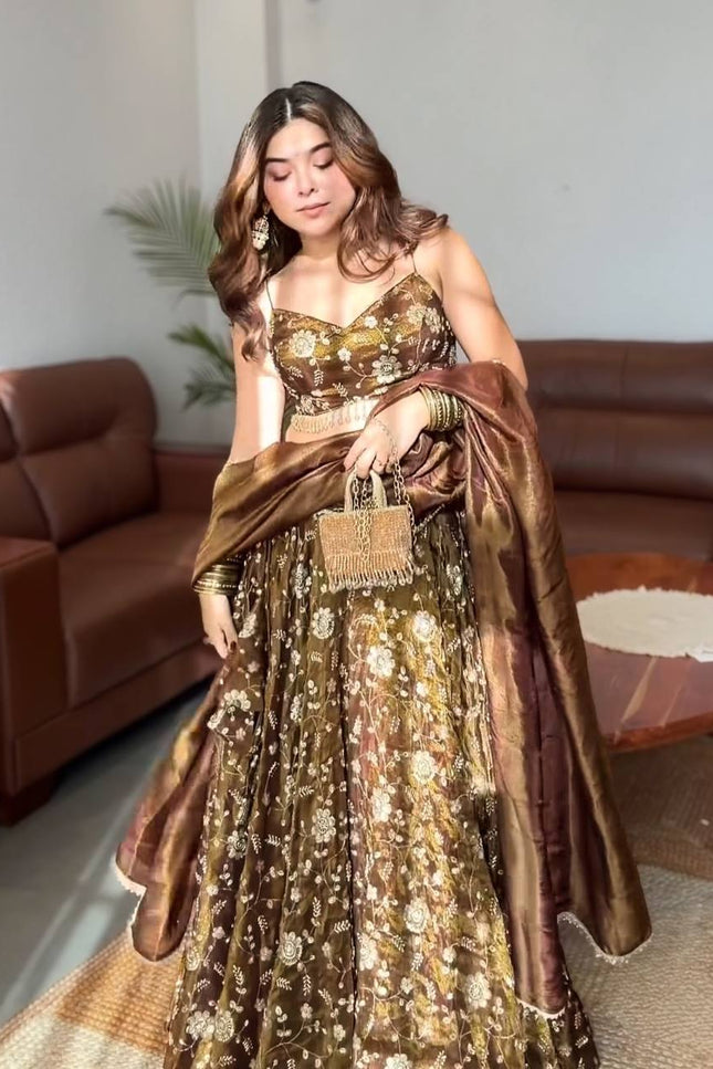 Mehendi Green Fandy Silk Lehenga Choli Set with Dupatta | Embroidery & Lace Border - Rosepetals Luxe