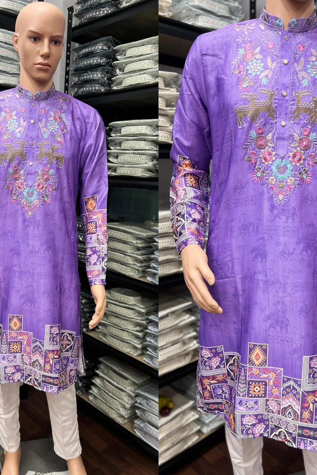 Men’s Embroidered Khadi Cotton Kurta Pyjama Set - Rosepetals Luxe
