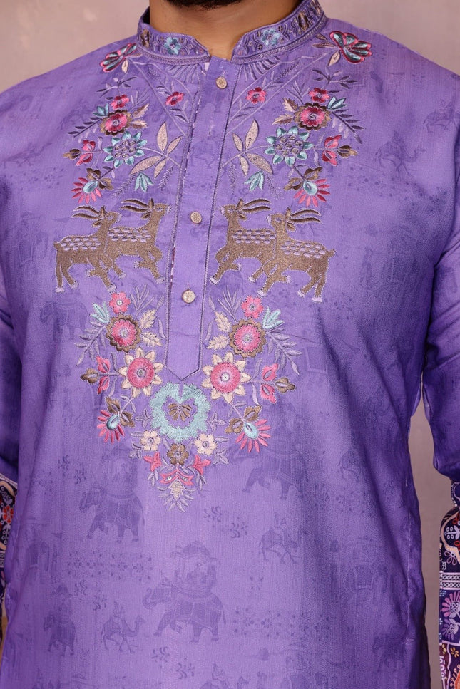 Men’s Embroidered Khadi Cotton Kurta Pyjama Set - Rosepetals Luxe