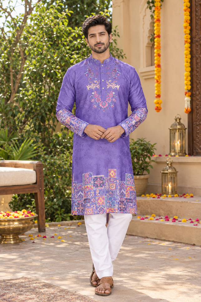 Men’s Embroidered Khadi Cotton Kurta Pyjama Set - Rosepetals Luxe