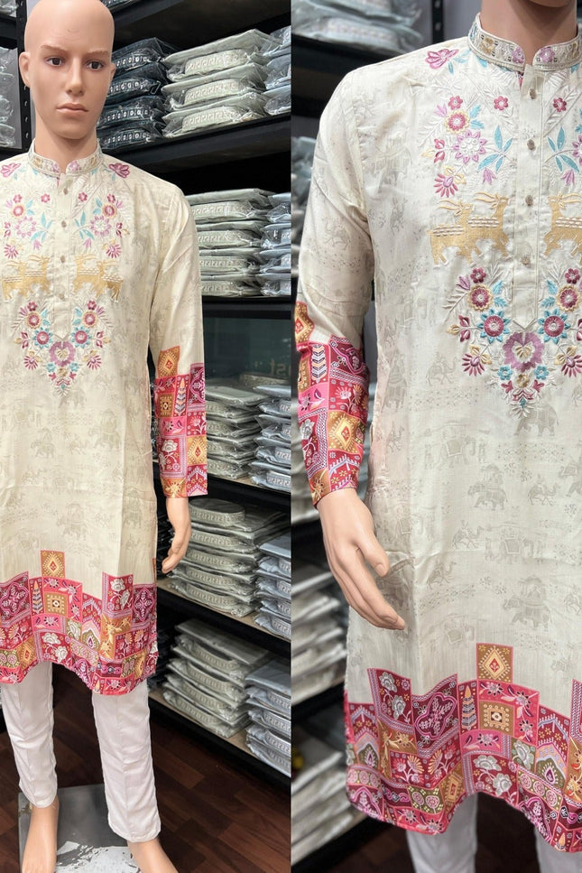 Men’s Embroidered Khadi Cotton Kurta Pyjama Set - Rosepetals Luxe